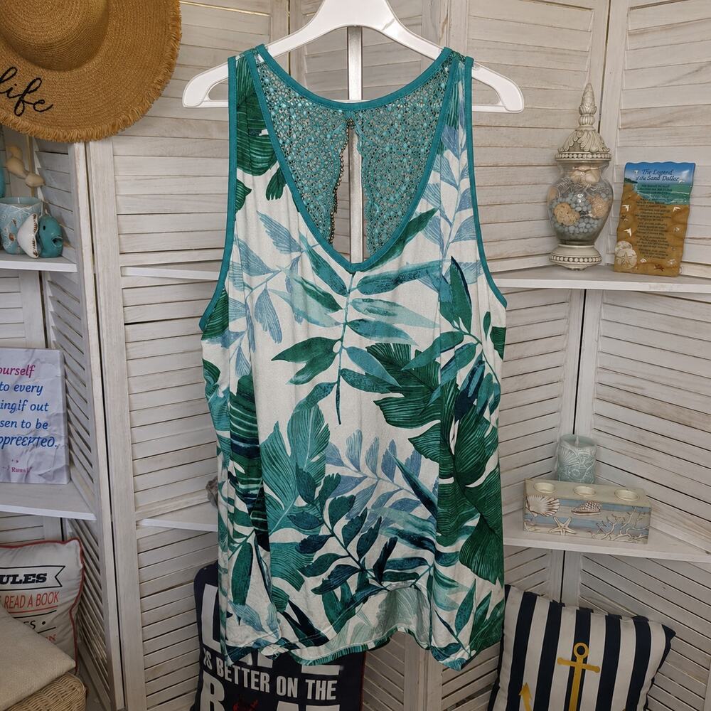Linea Donatella Tropical Leaf Tank Top M – Lace Racerback Summer Boho Vacation